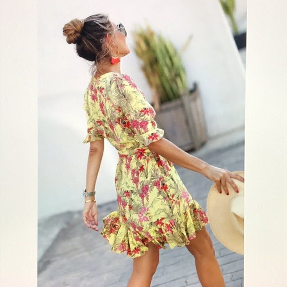 ZARA Floral Blogger CottageCore Festival Boho Feminine Summer Wrap Flowy Dress S